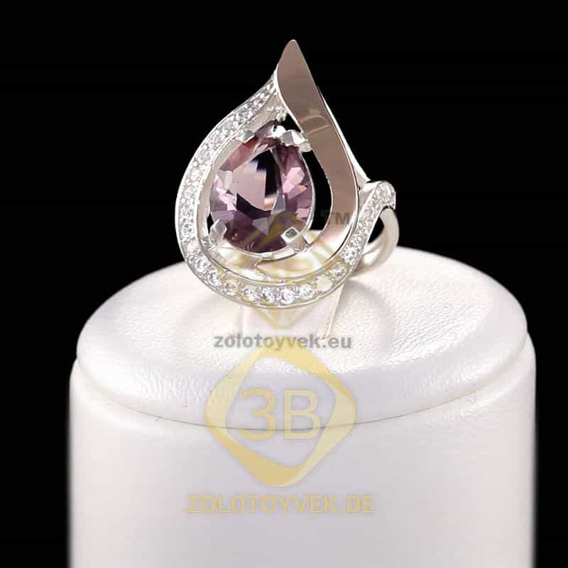 Серебряное кольцо со вставками золота, аметистовым бриллианитом и фианитами, покрытие Родий