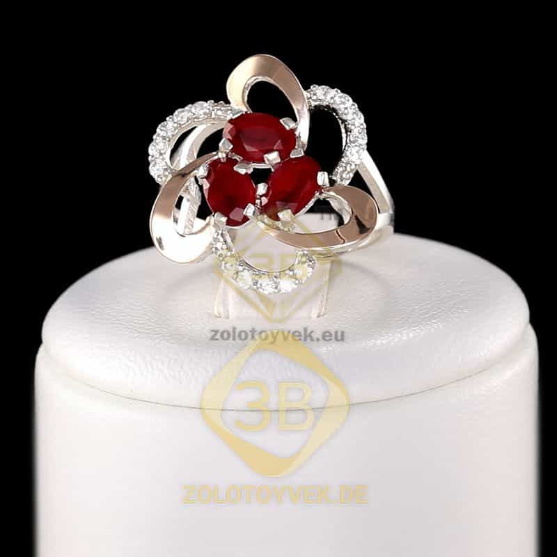 Серебряное кольцо со вставками золота, рубиновым брилианитом и фианитами, покрытие Родий