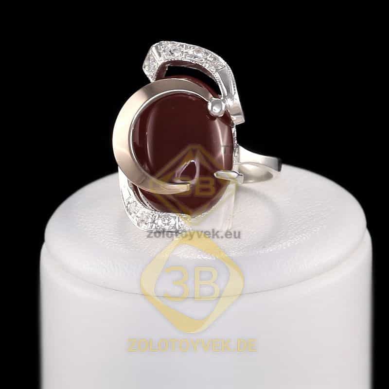 Серебряное кольцо со вставками золота, сердоликом и фианитами, покрытие Родий