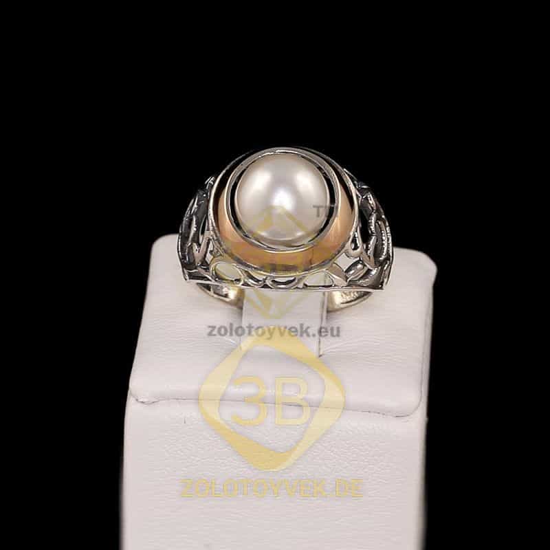 Кольцо из черненого серебра со вставками золота и белым культивированным жемчугом, покрытие Родий