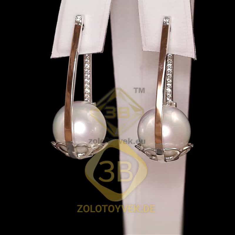 Серебряные серьги со вставками золота, белым культивированным жемчугом и фианитами, покрытие Родий