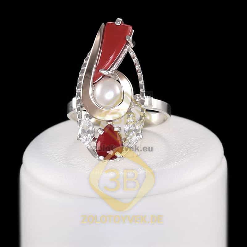 Серебряное кольцо со вставками золота, им. кораллом, белым культивированным жемчугом, рубиновым и бе