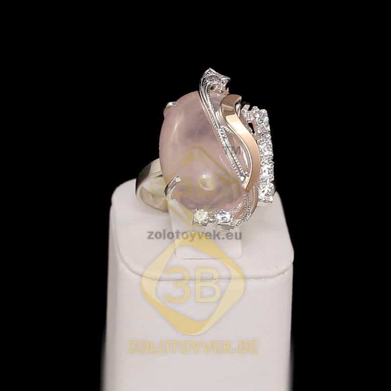 Серебряное кольцо со вставками золота, розовым кварцем и фианитами, покрытие Родий
