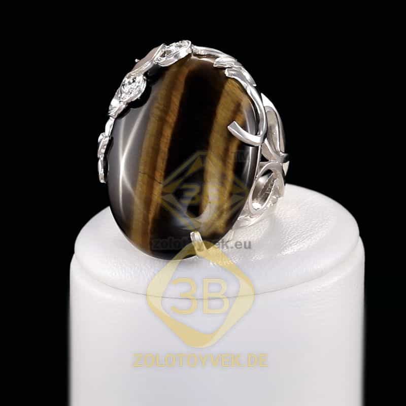 Серебряное кольцо со вставками золота, тигровым глазом и фианитами,покрытие Родий