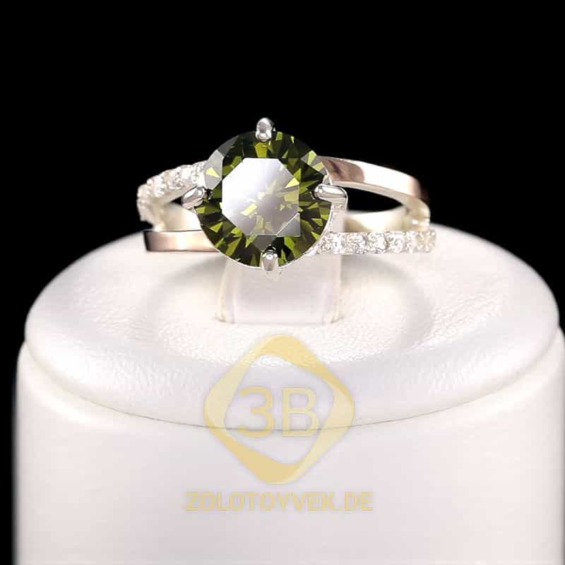 Серебряное кольцо со вставками золота, оливковым бриллианитом и фианитами, покрытие Родий