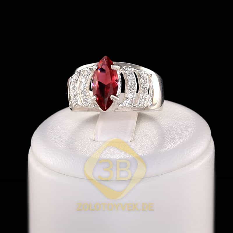 Серебряное кольцо со вставками золота, рубиновым альпинитом и фианитами, покрытие Родий