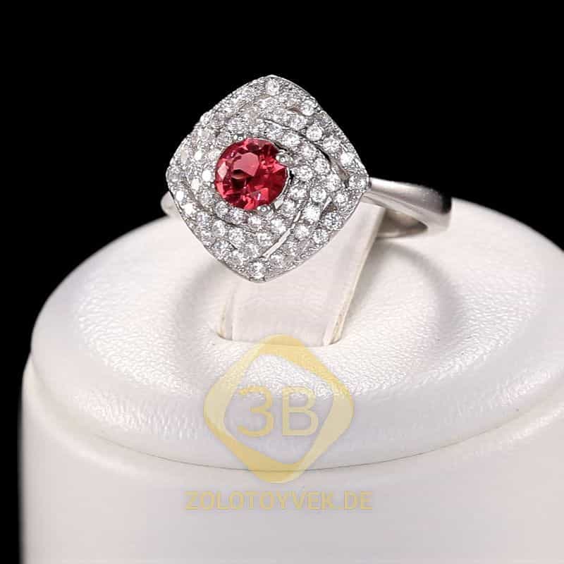 Серебряное кольцо с рубиновым брилианитом и фианитами, покрытие Родий