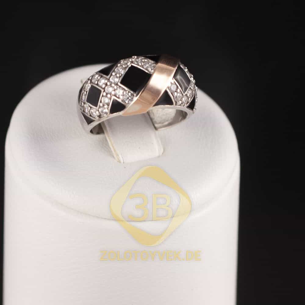 Серебряное кольцо с золотом, французской эмалью и фианитами