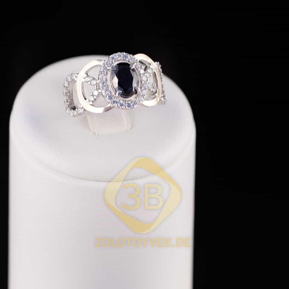 Серебряное кольцо с золотом, черным бриллианитом и фианитами