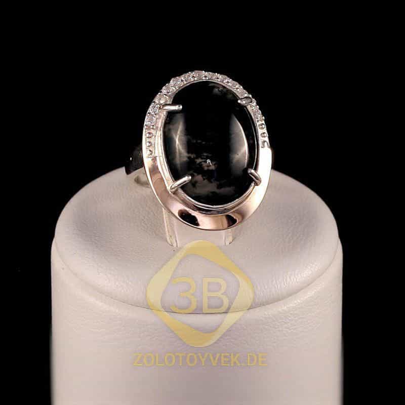 Серебряное кольцо с золотом, моховым агатом и фианитами