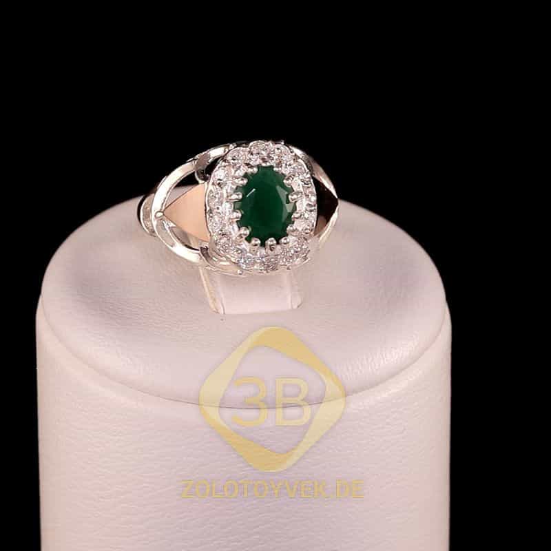 Серебряное кольцо с золотом, зеленым агатом и фианитами