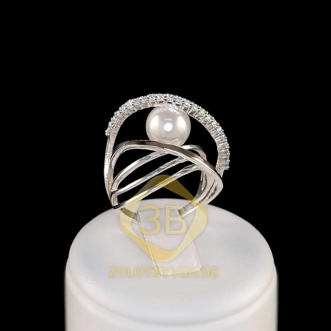 Серебряное кольцо с золотом жемчугом и фианитами