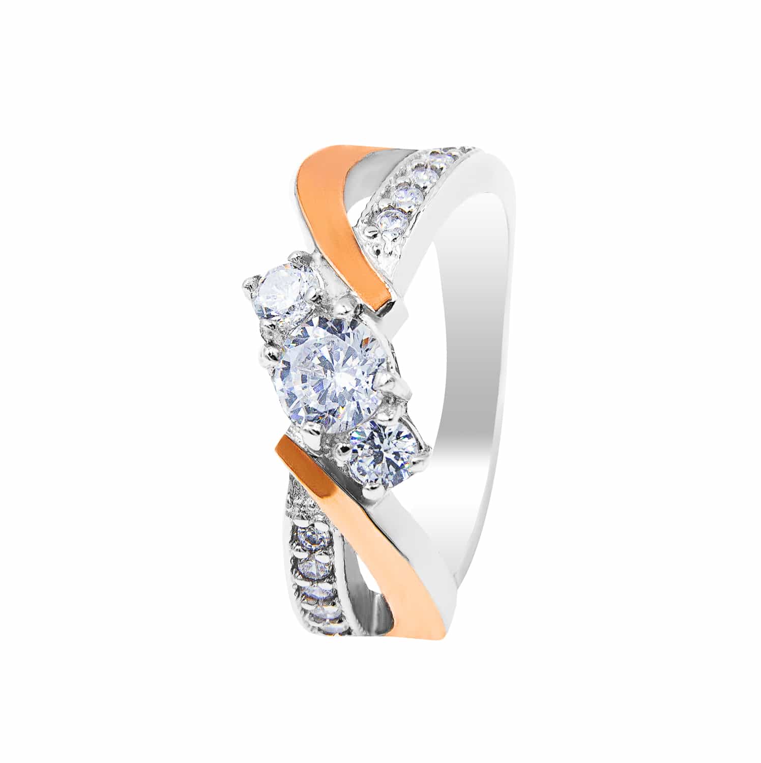 Серебряное кольцо с бриллианитом и фианитами, позолота