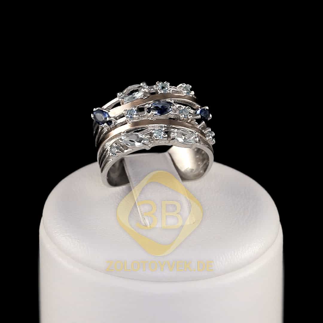 Серебряное кольцо с золотом сапфиром и топазом