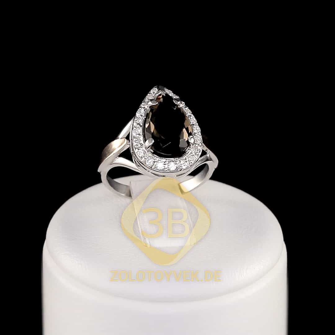 Серебряное кольцо с золотом раухтопазом и фианитами