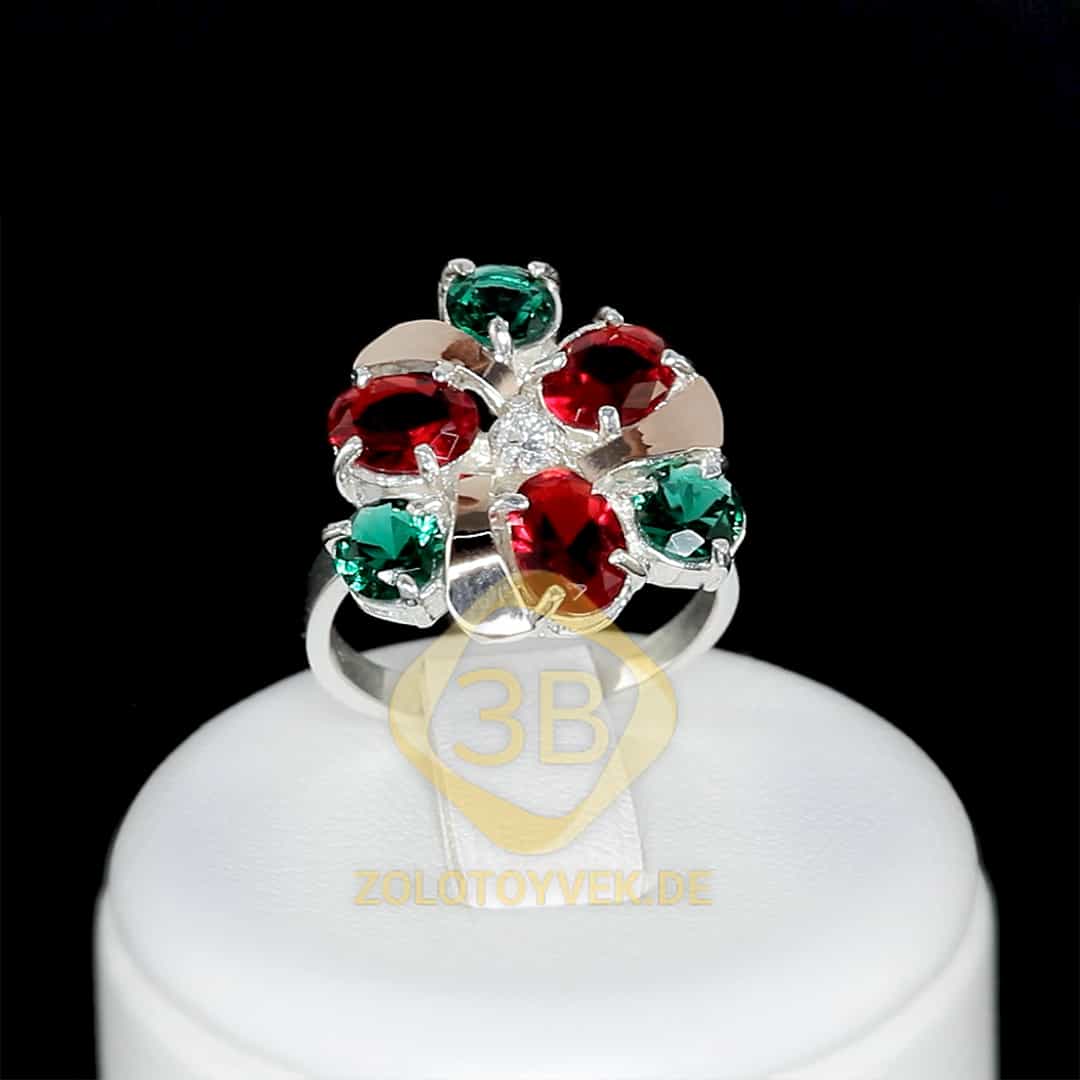 Серебряное кольцо с золотом, зеленым и красным бриллианитом