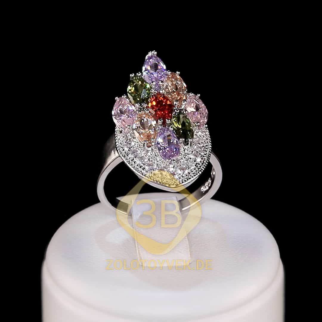 Серебряное кольцо с гранатом, хризолитом, аметистом, розовым кварцом и фианитами
