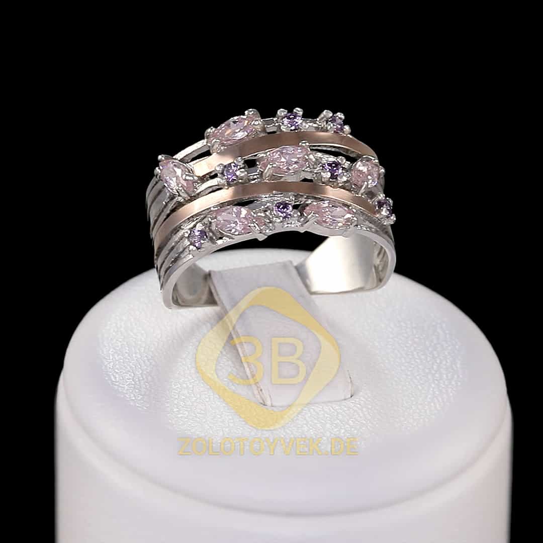 Серебряное кольцо с золотом, розовым и лавандовым альпинитами