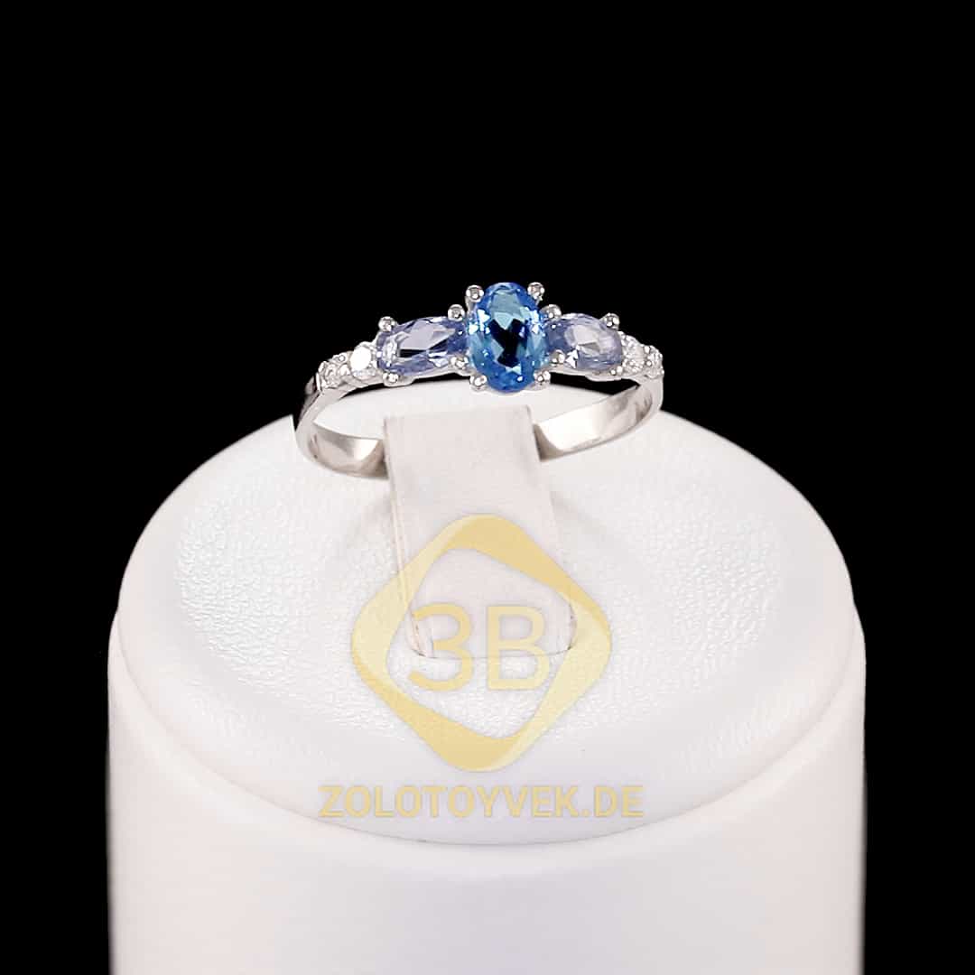 Серебряное кольцо с  кварцем Swiss blue, London blue и фианитами