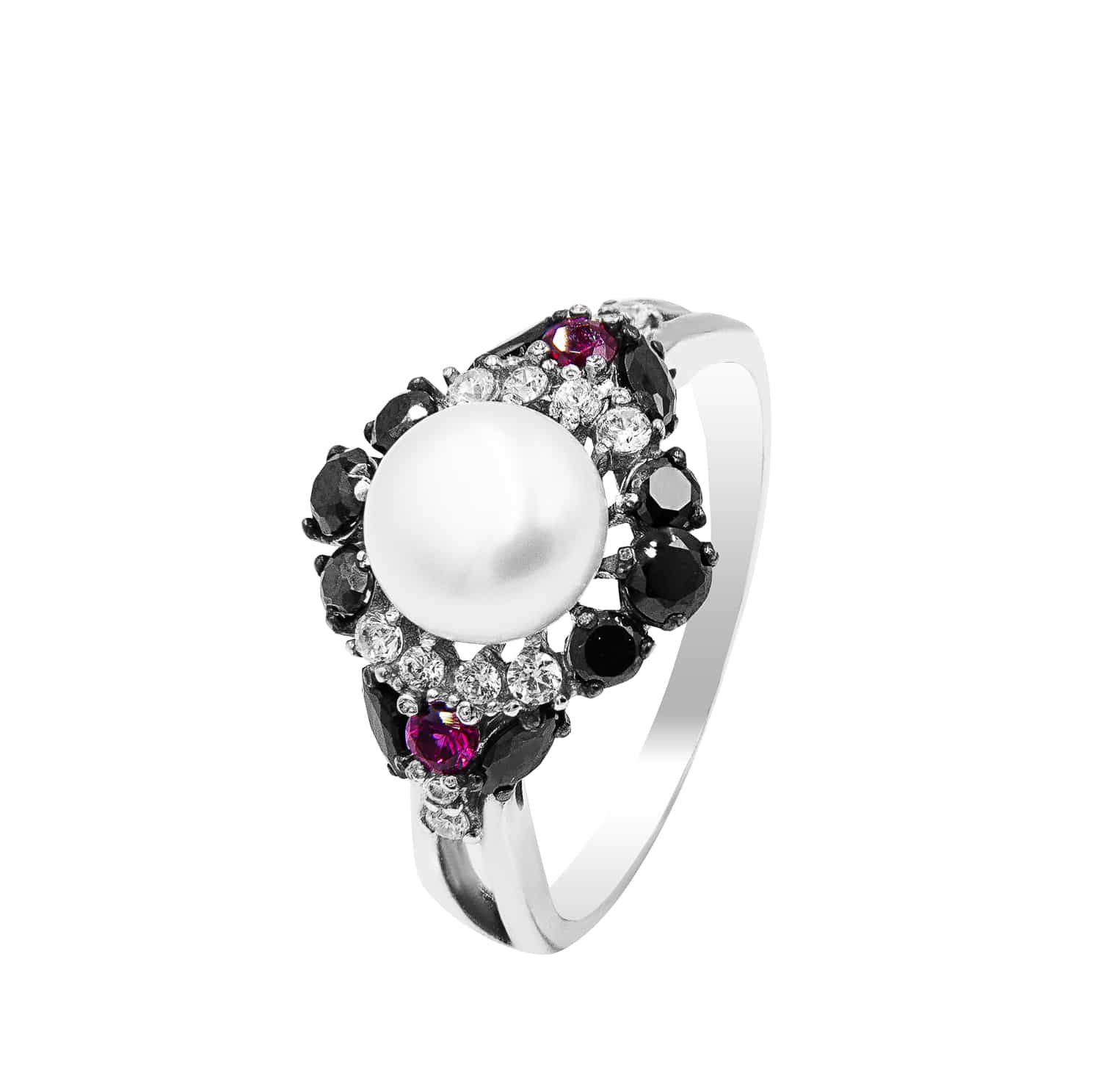 Серебряное кольцо с жемчугом, рубином, чёрными бриллианитами и фианитами