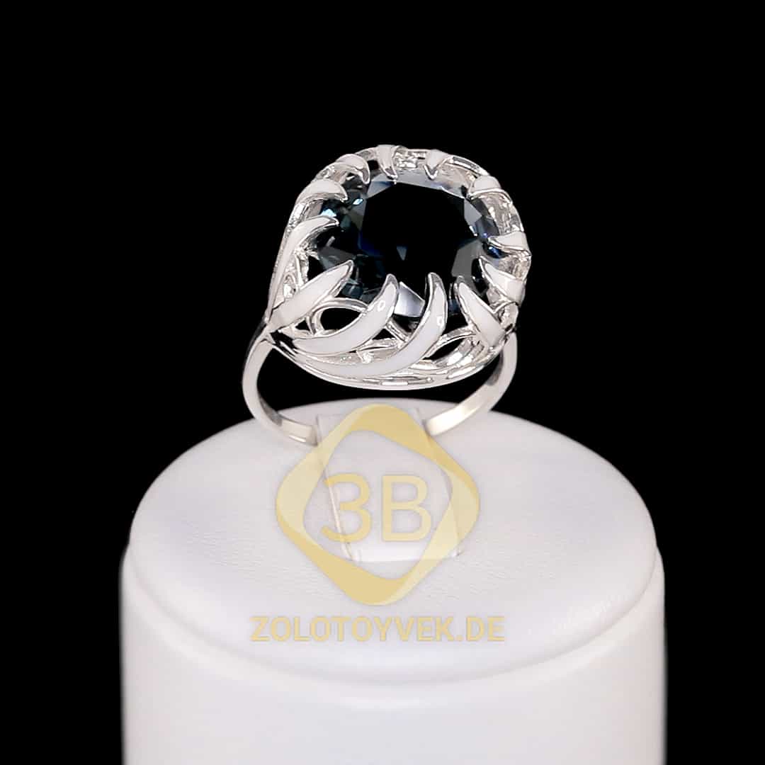 Серебряное кольцо с Лондон Топазом и белой эмалью