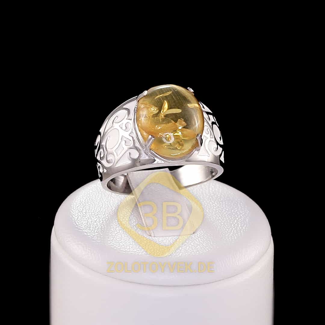 Серебряное кольцо с  янтарем и эмалью