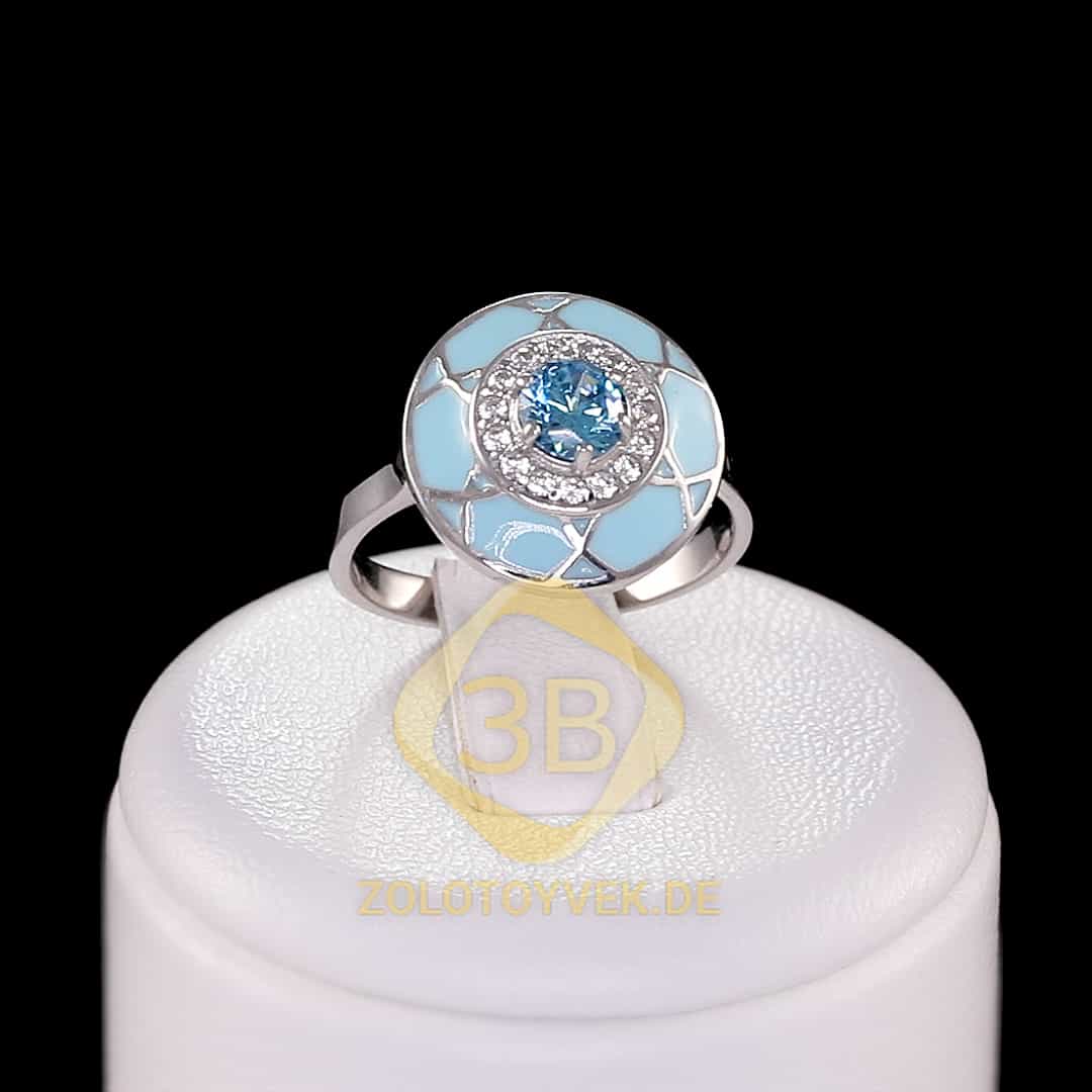 Серебряное кольцо с топазовым альпинитом, голубой эмалью и фианитами