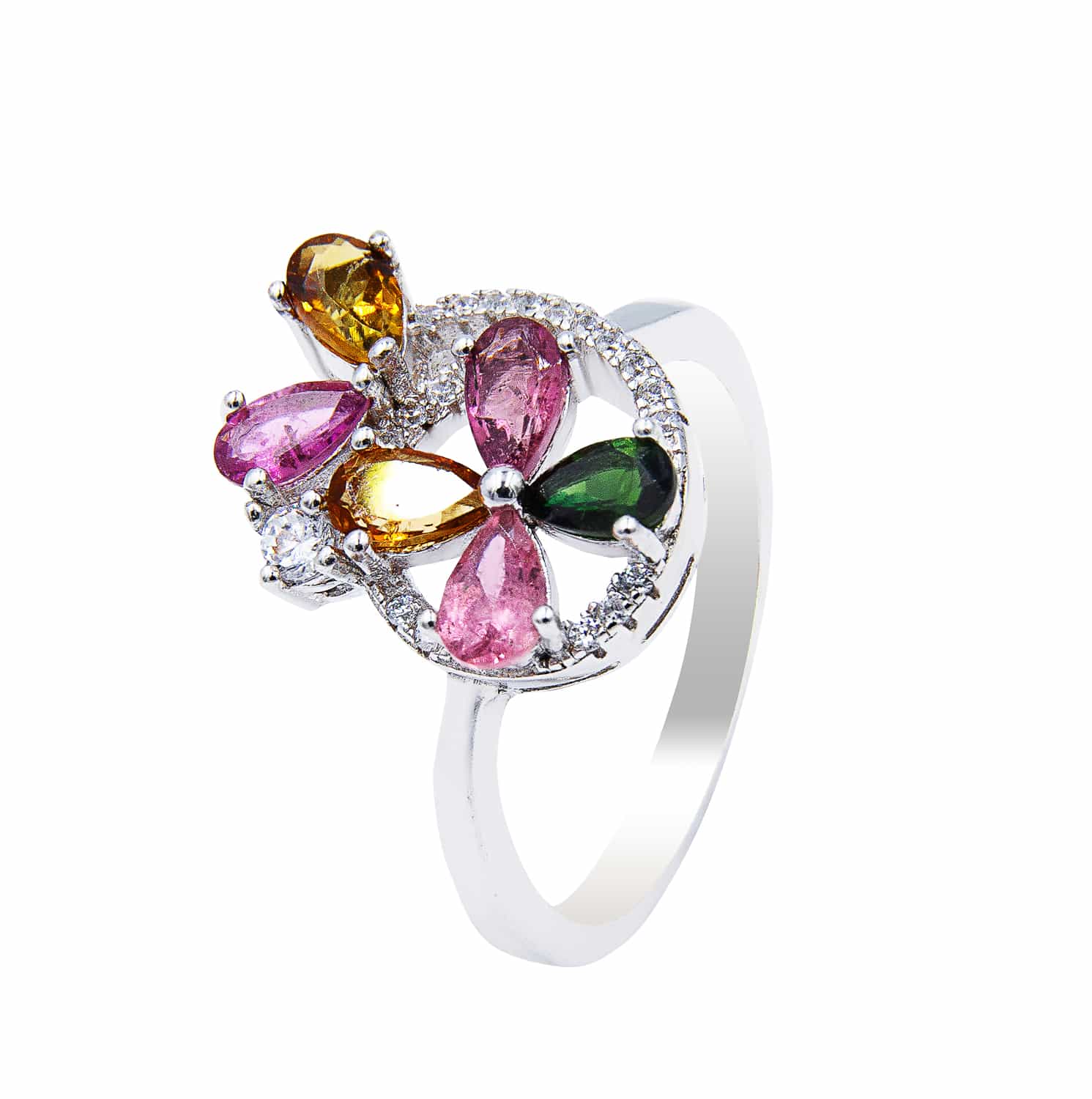 Серебряное кольцо с марганитами, хризолитом, цитрином, розовым кварцем и фианитами