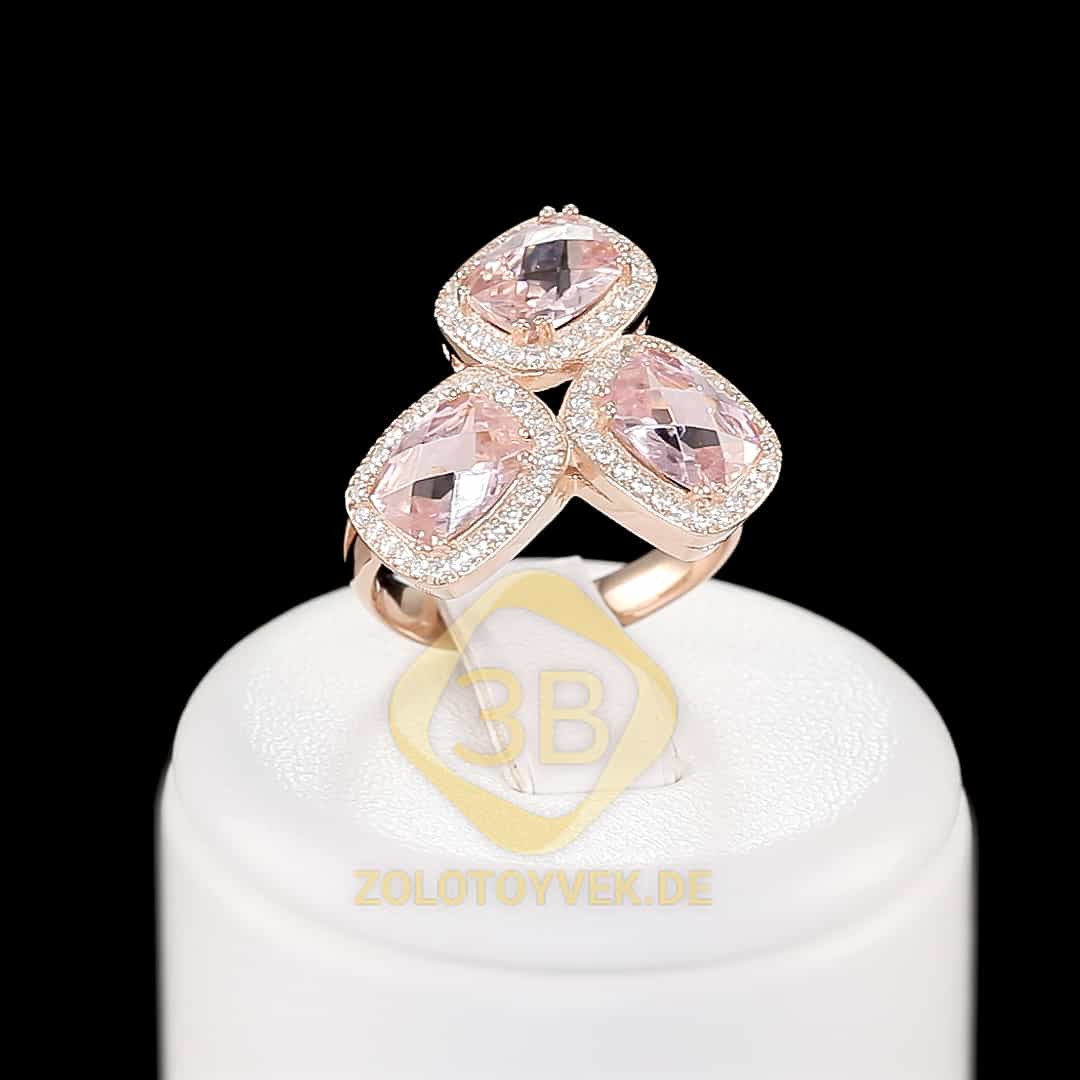 Серебряное кольцо с розовым кварцем и фианитами, золотое родирование