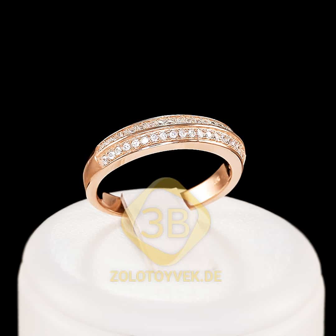 Серебряное кольцо с фианитами в 2 ряда, золотое родирование
