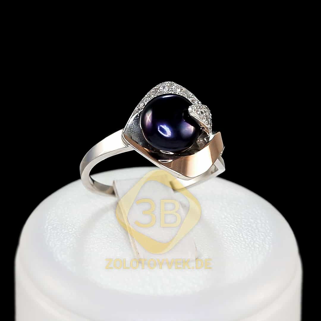 Серебряное кольцо с золотом, жемчугом Ultraviolet и фианитами