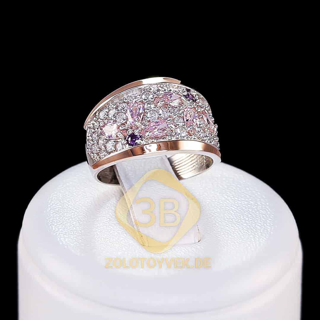Серебряное кольцо с золотом, розовым кварцем, аметистами и фианитами