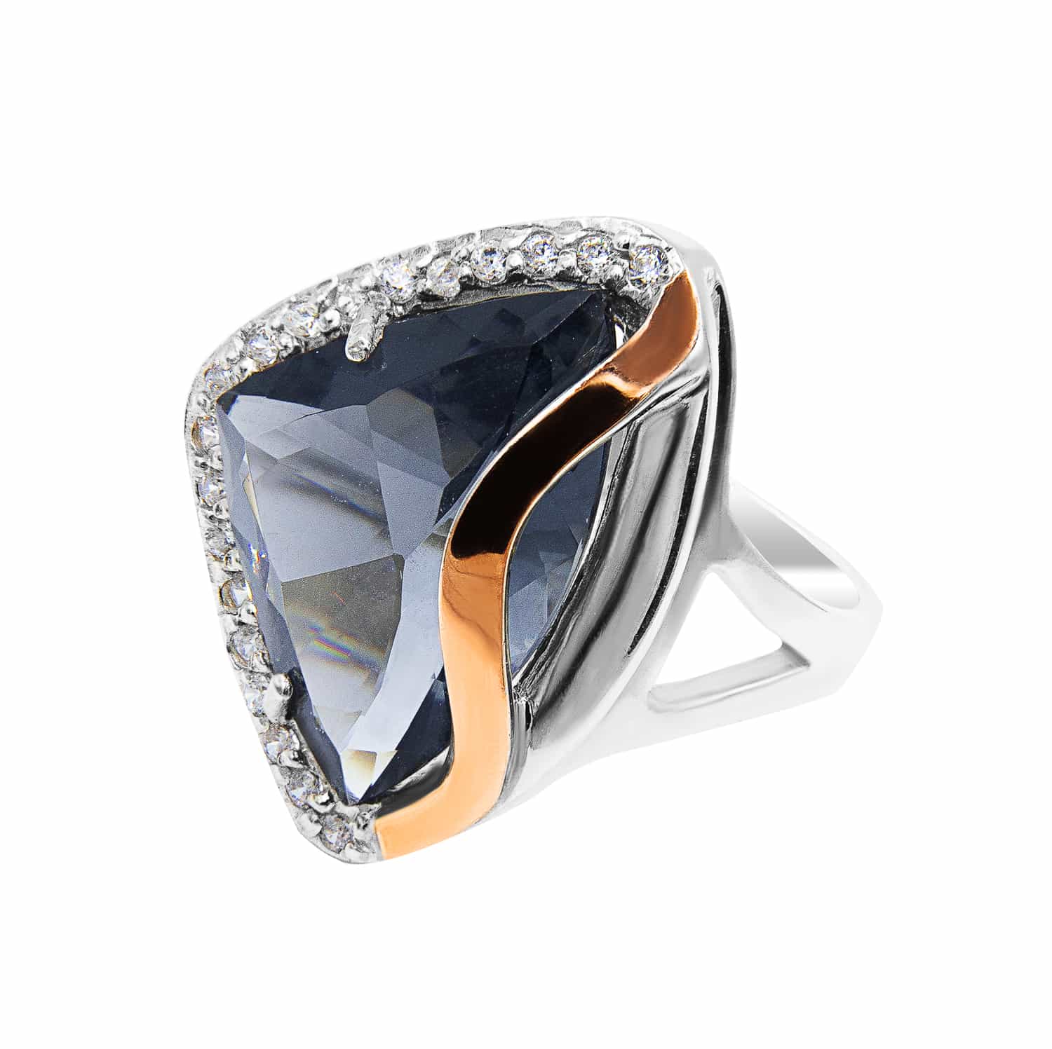 Серебряное кольцо с золотом, альпинитом  и фианитами