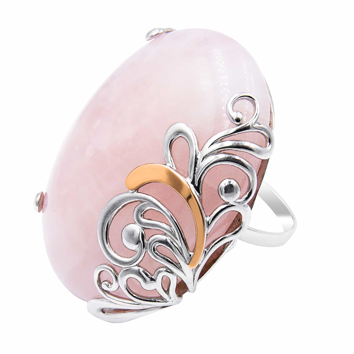 Серебряное кольцо с розовым кварцем и вставками золота