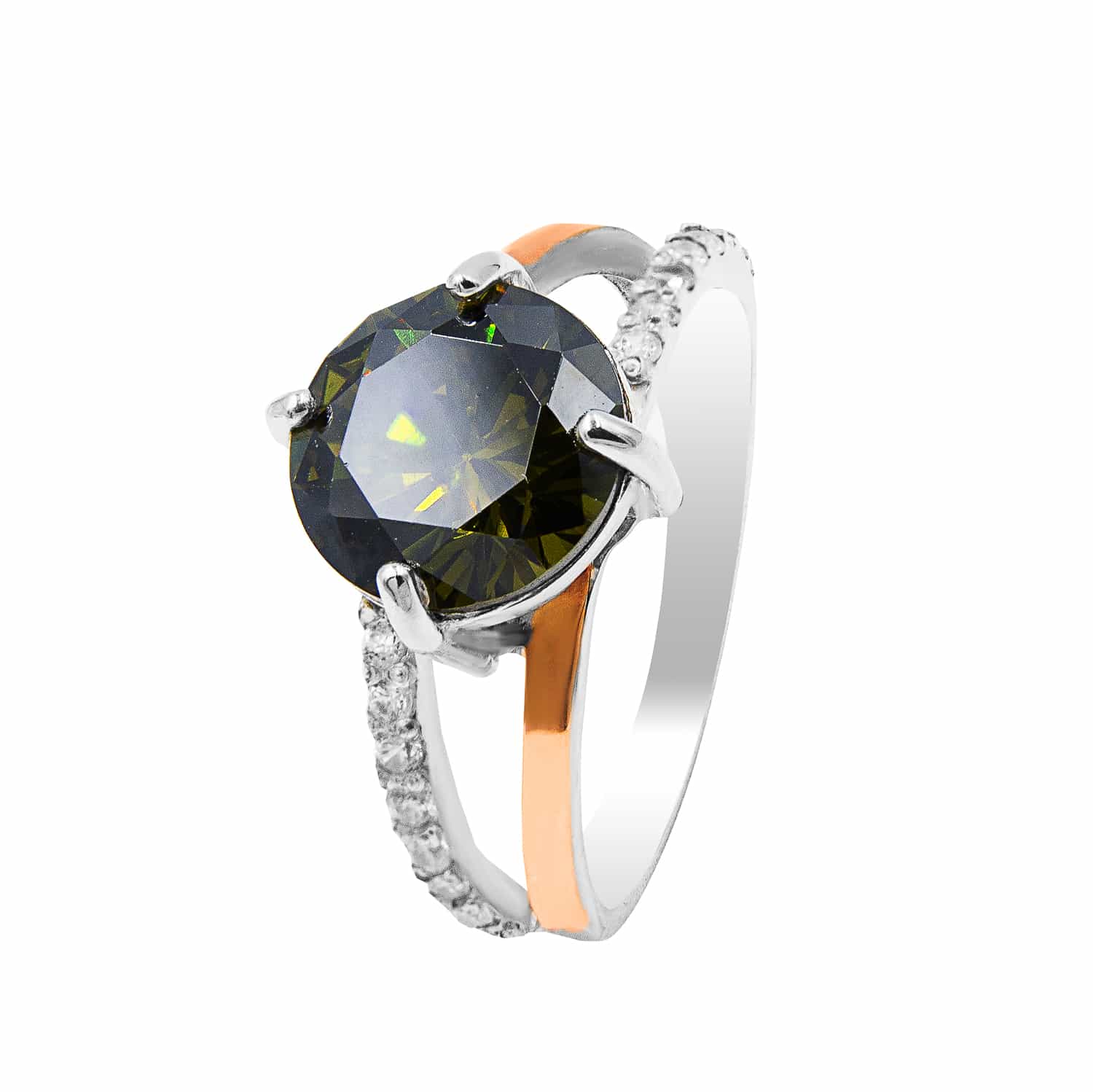 Серебряное кольцо с золотом, оливковым альпинитом и фианитами