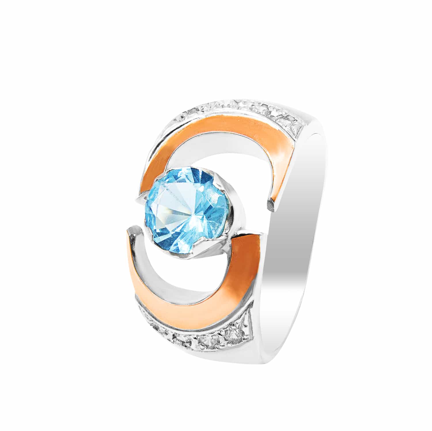 Серебряное кольцо с золотом топазом Swiss Blue и фианитами