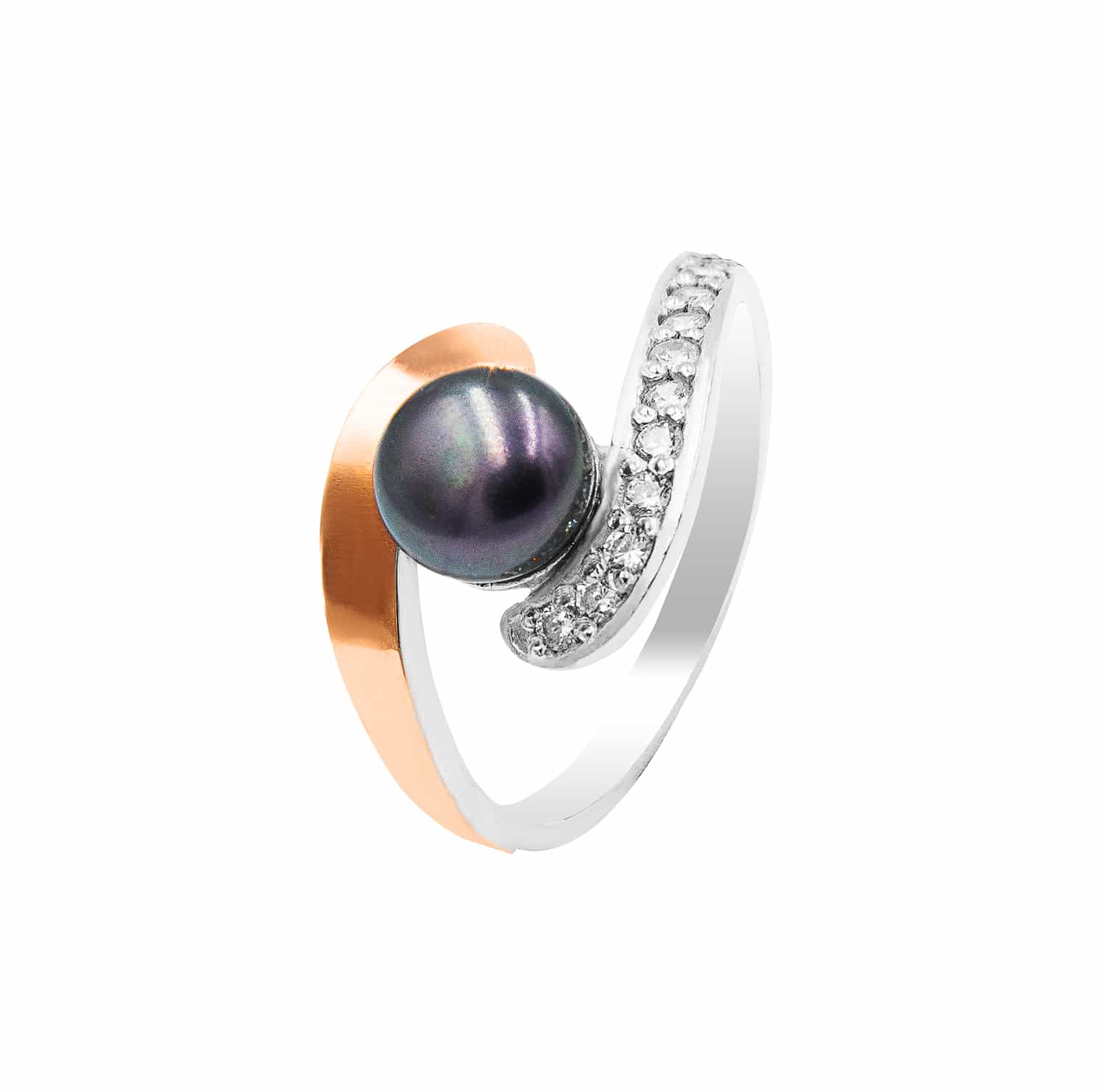 Серебряное кольцо с золотом черным жемчугом и фианитами