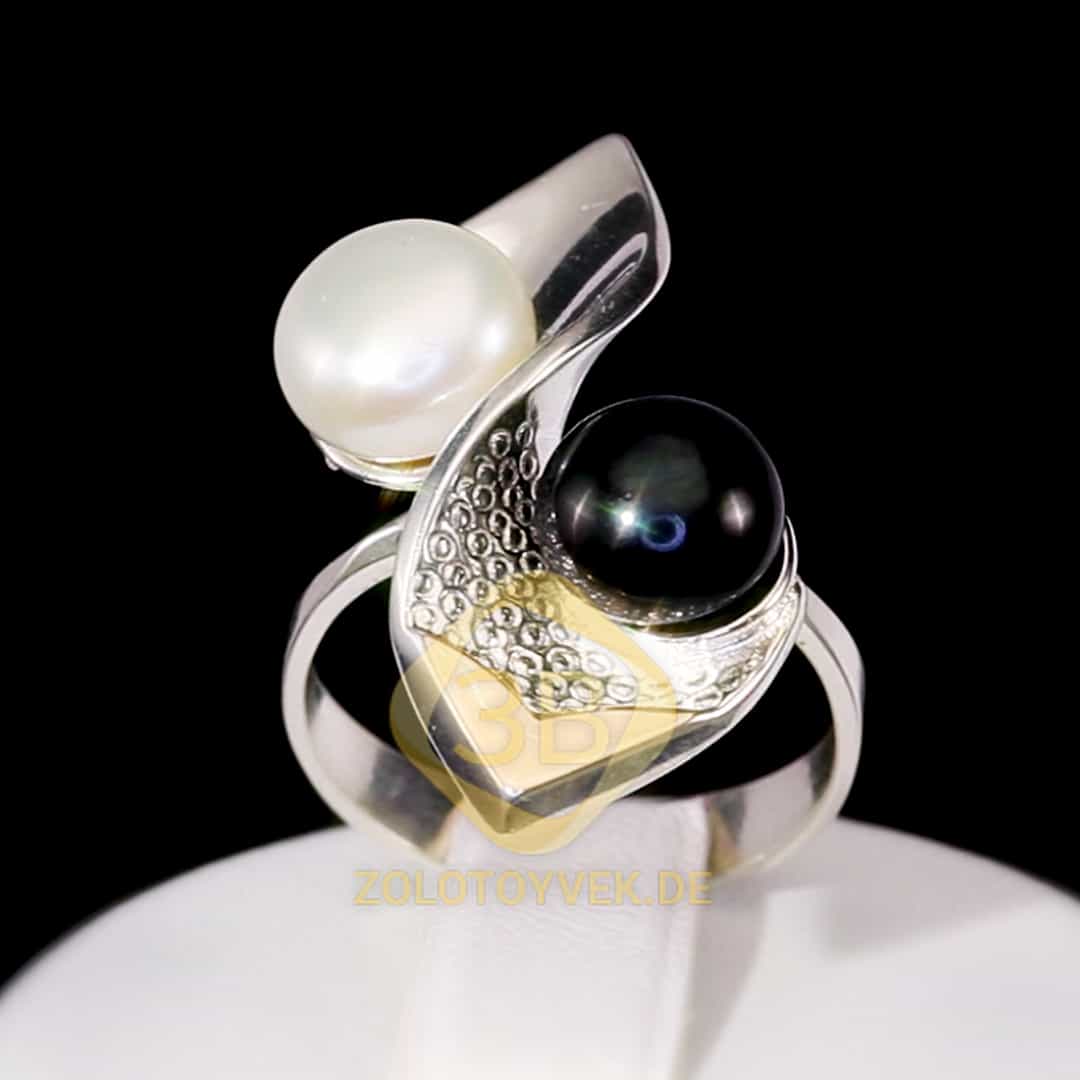 Серебряное кольцо с золотом, черным и белым жемчугом