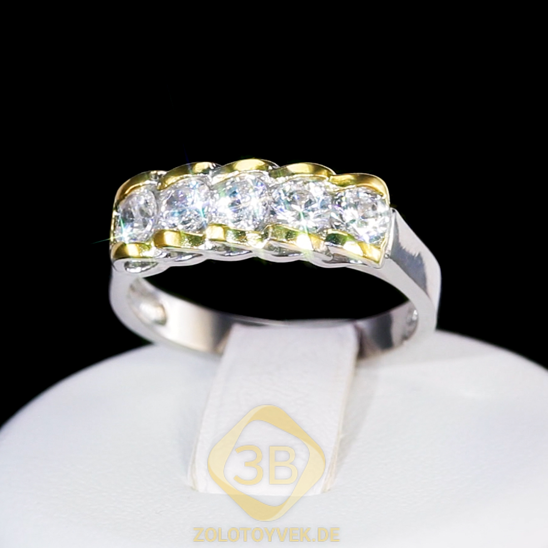 Серебряное кольцо с бриллианитами, золотое родирование