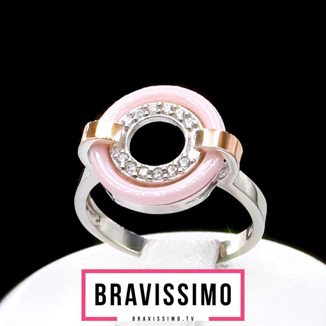 Серебряное кольцо с золотом, розовой керамикой и фианитами