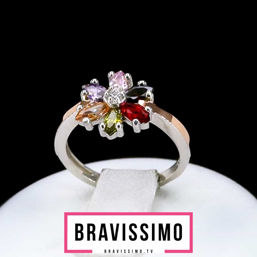 Серебряное кольцо с золотом, кристаллом шампань, оливином, ониксом, аметистом, гранатом и розовым то