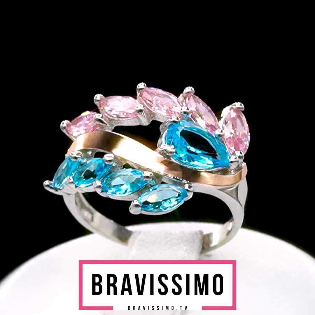 Серебряное кольцо с золотом, голубым и розовым топазом