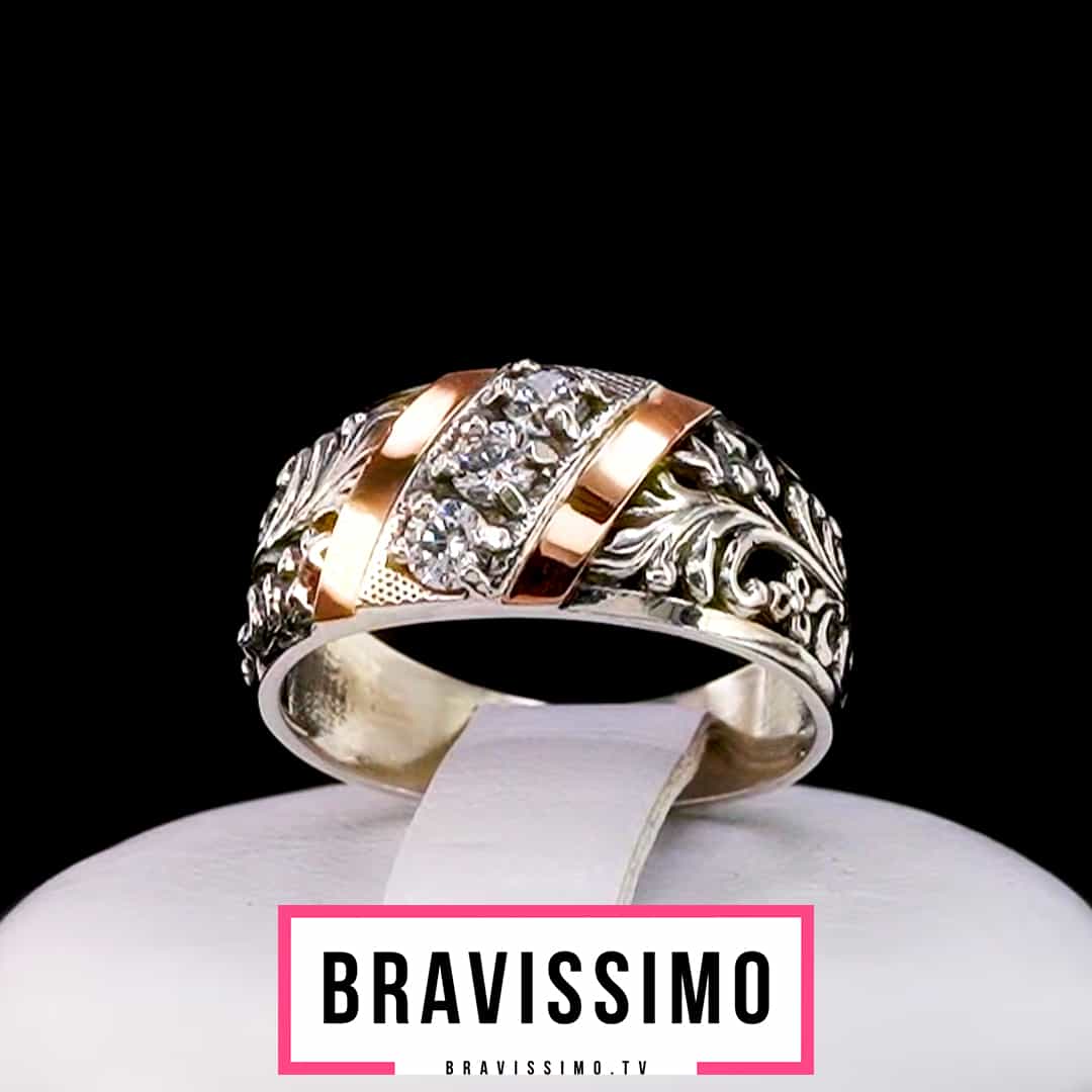Серебряное кольцо с золотом и бриллианитами, чернение