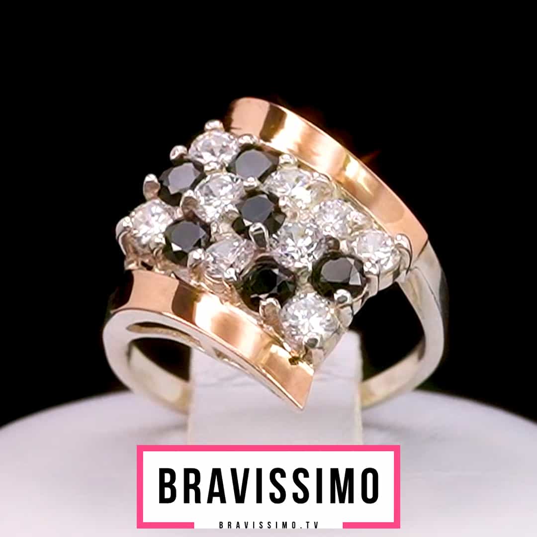 Серебряное кольцо с золотом, белым и чёрным бриллианитами