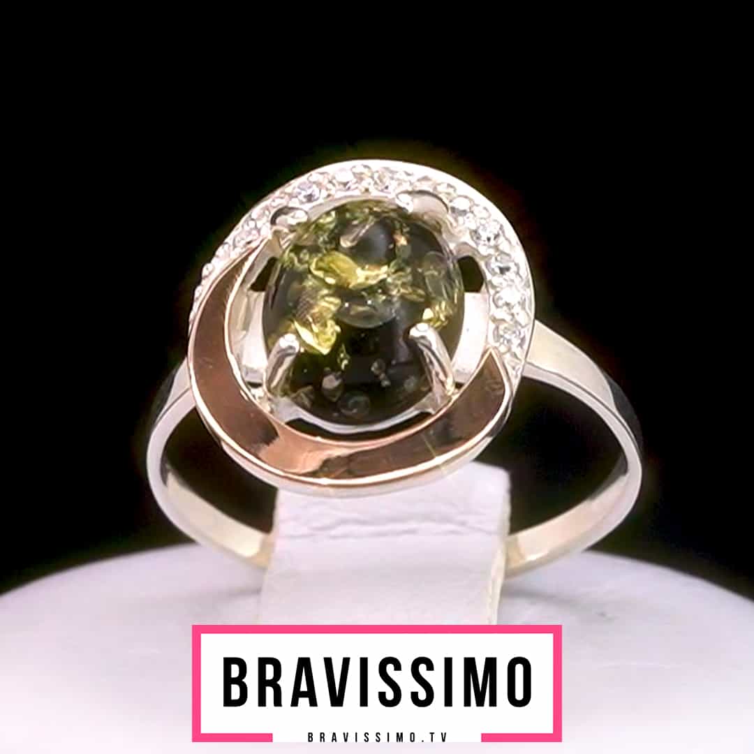 Серебряное кольцо с золотом, зеленым янтарём и фианитами