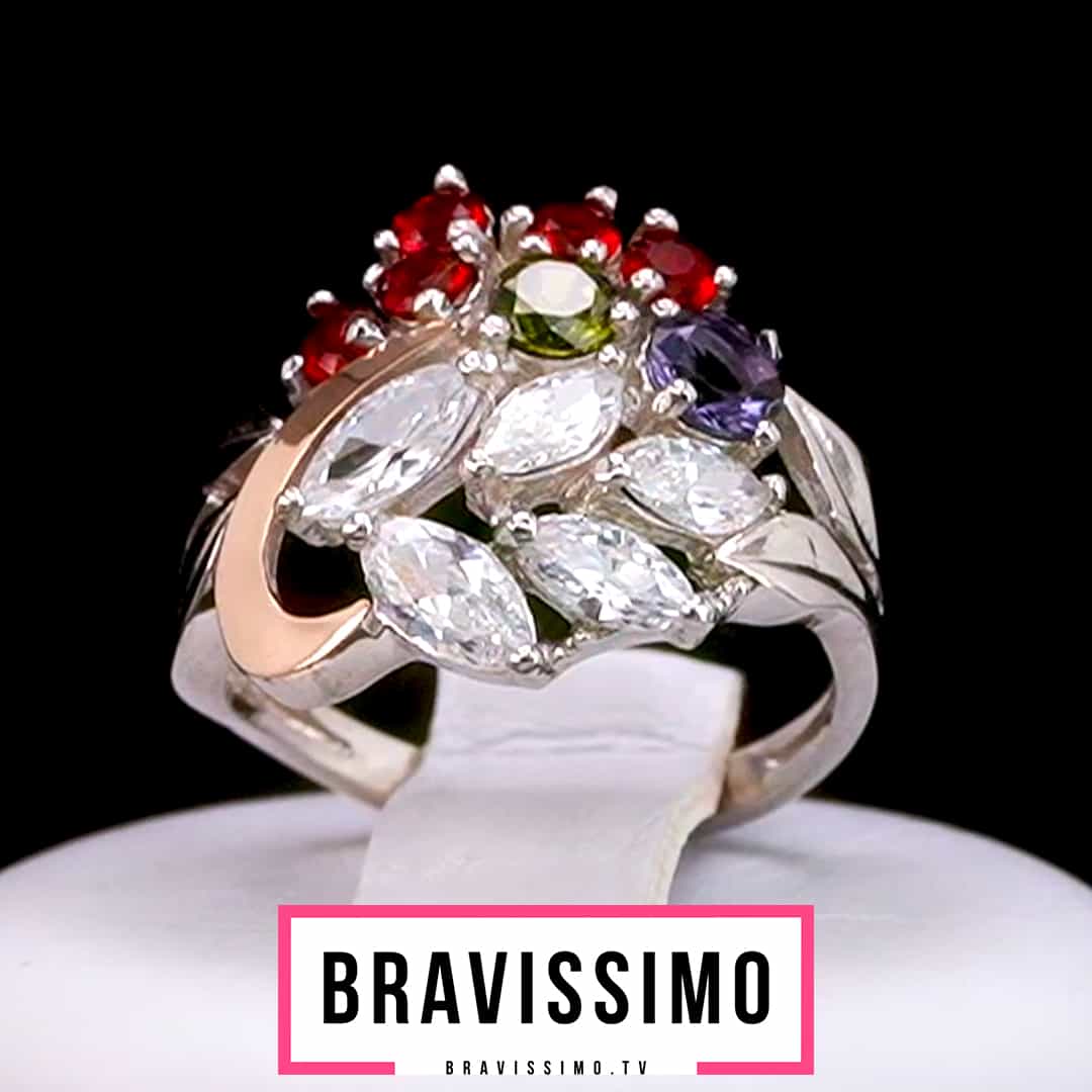 Серебряное кольцо с золотом, рубином, оливином, аметистом и бриллианитами