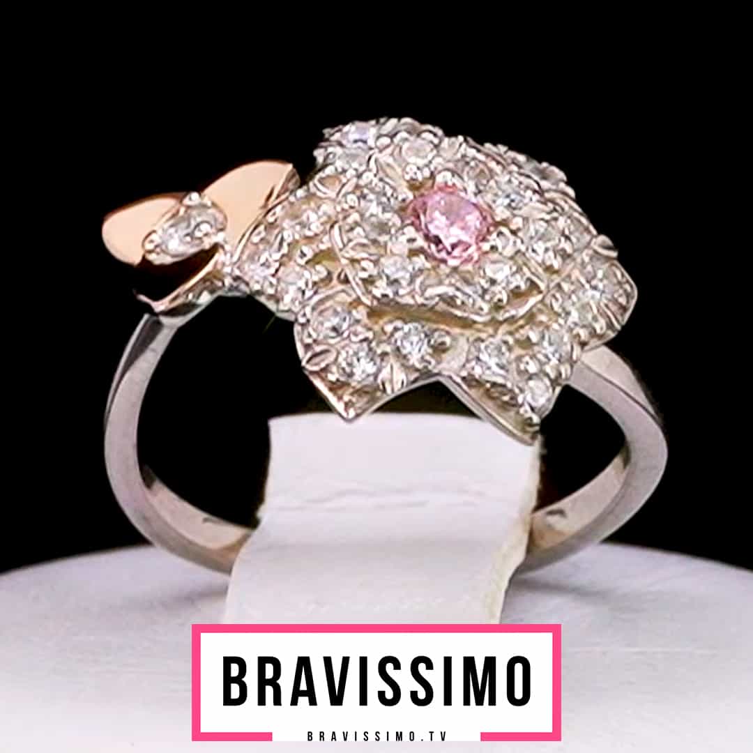 Серебряное кольцо с золотом, розовым топазом, бриллианитами и фианитами
