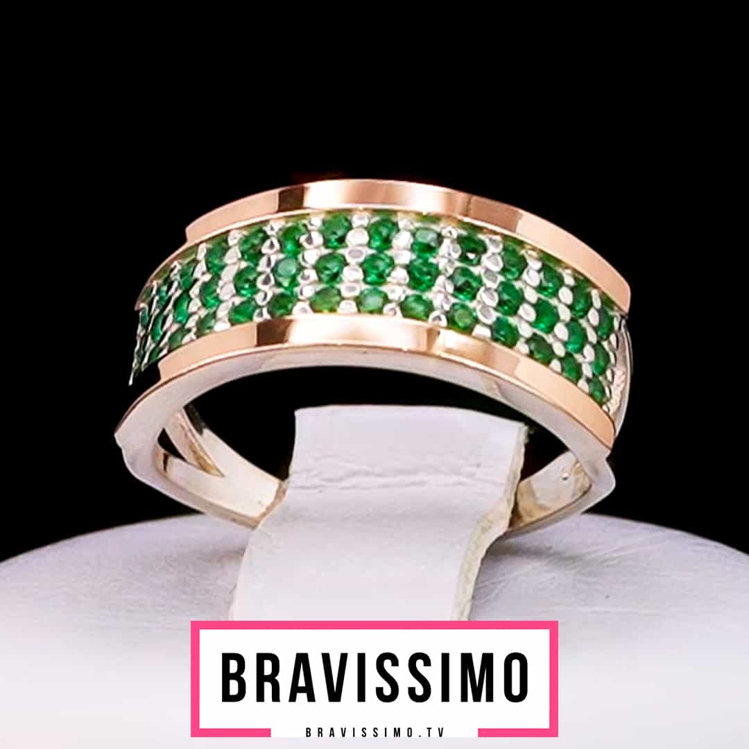 Серебряное кольцо с золотом и зелёными фианитами