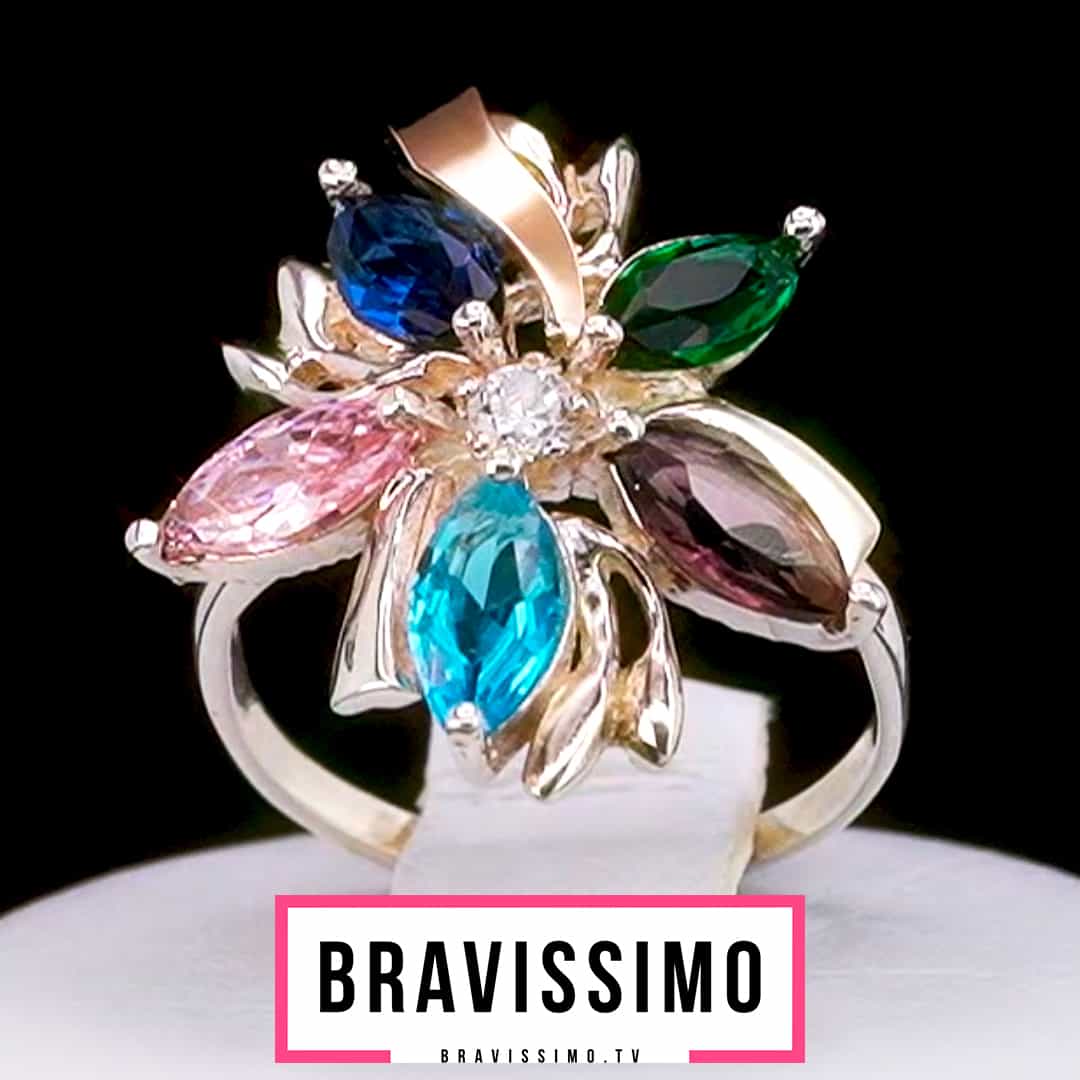 Серебряное кольцо с золотом, аметистом, сапфиром, изумрудом,бриллианитом, розовым и голубым топазом