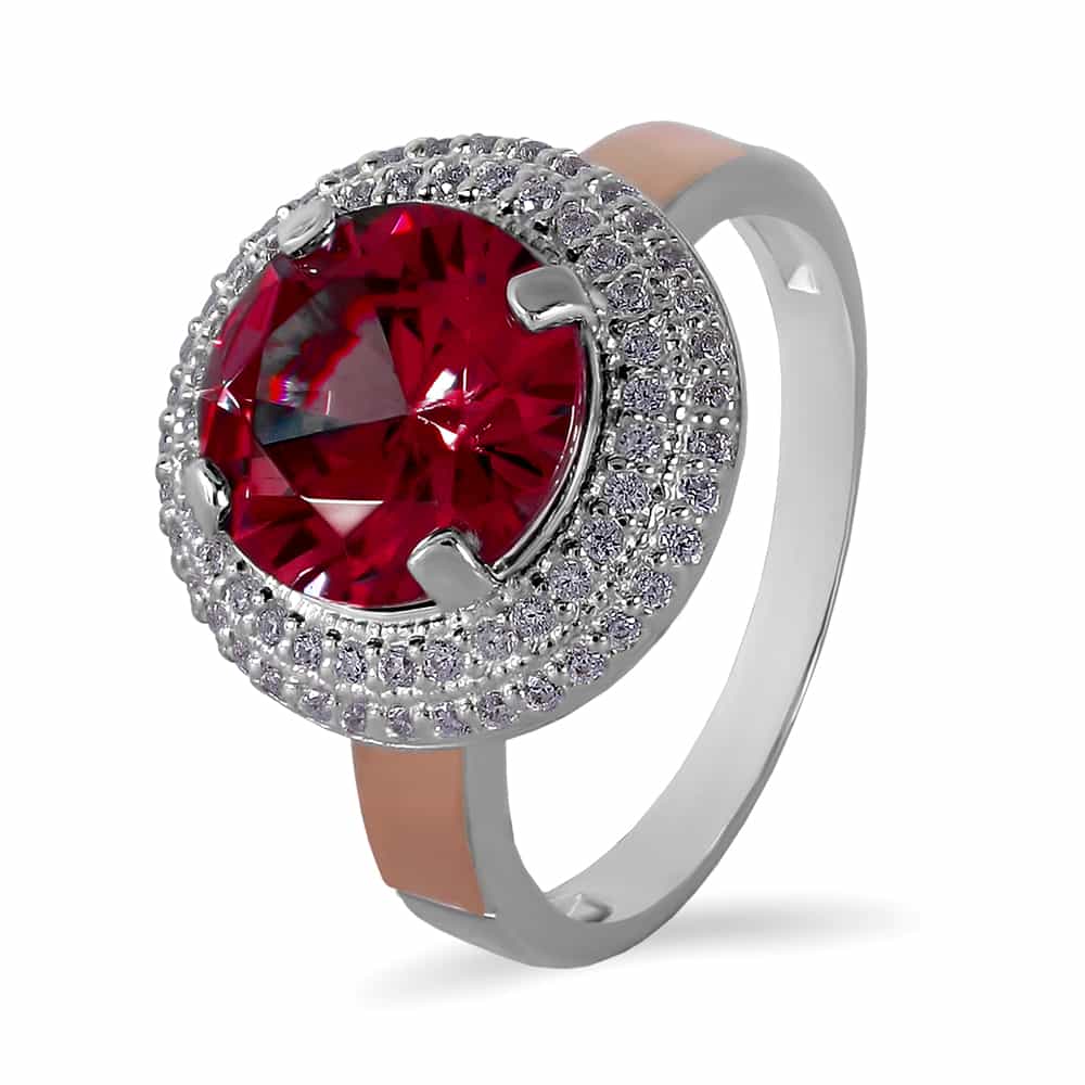 Серебряное кольцо с рубином. фианитами и золотом